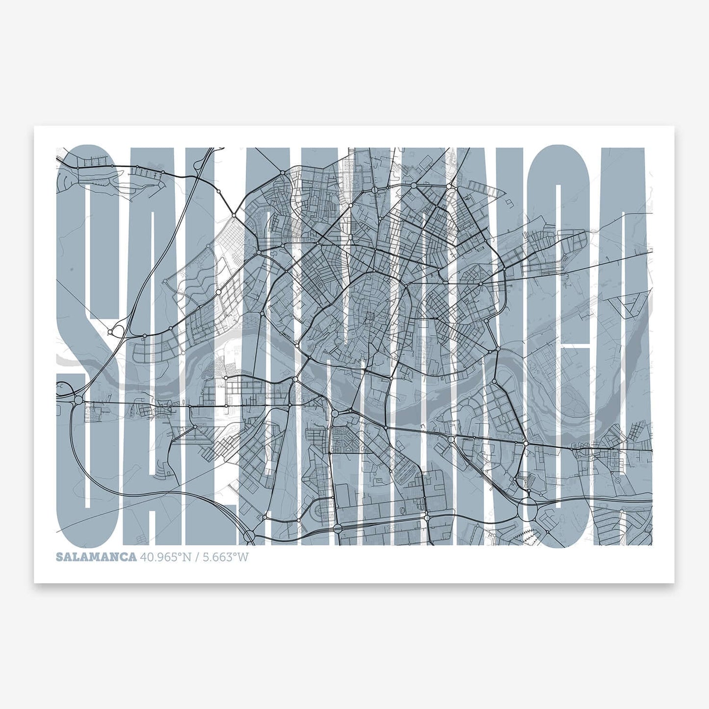 The map of Salamanca and letters of its name in a giclée print designed in black and white