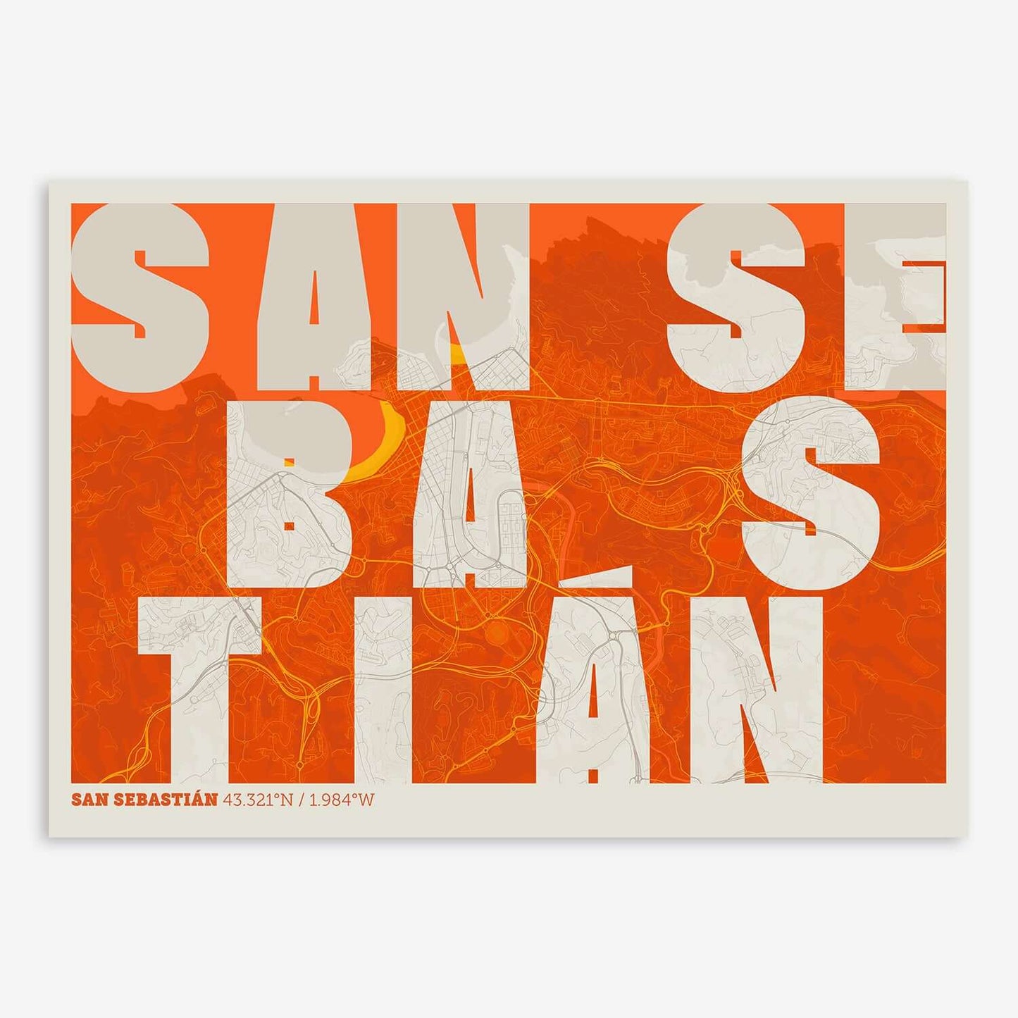 The map of San-Sebastian with letters of its name placed randomly, designed in orange and an off-white background