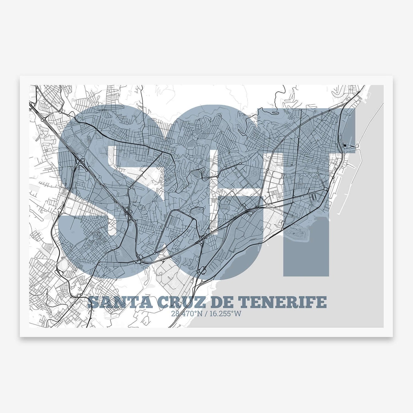 The map of Santa-Cruz-De-Tenerife composed with letters in a heavy geometric font printed on black and white
