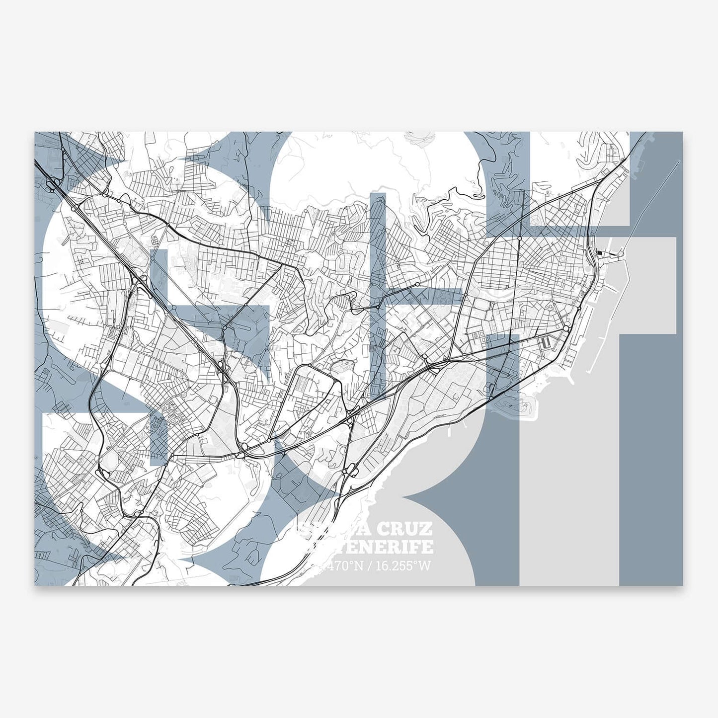 The map of Santa-Cruz-De-Tenerife composed with letters from its name or IATA code printed on black and white