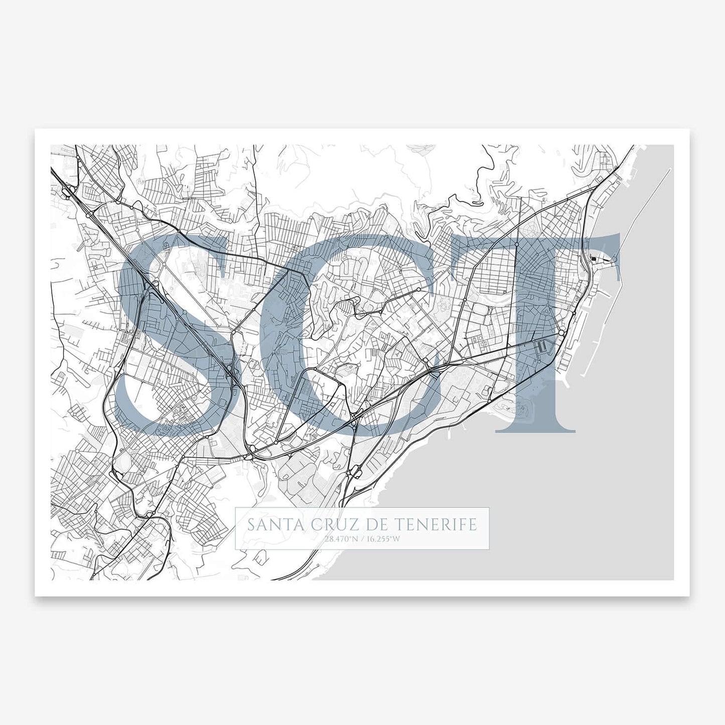 The map of Santa-Cruz-De-Tenerife composed with letters in serif font printed on black and white