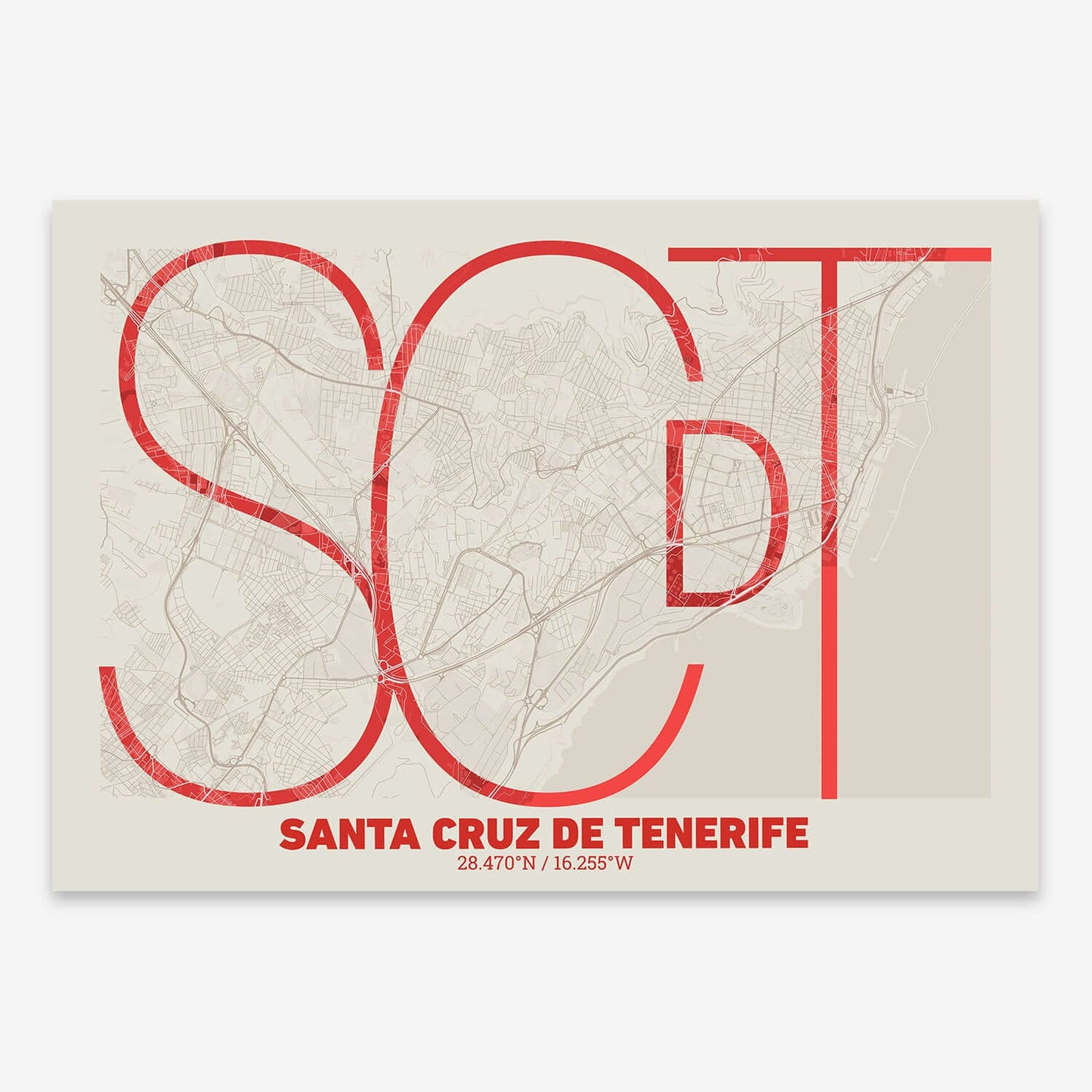 The map of Santa-Cruz-De-Tenerife composed with letters in extra light font printed on red and an off-white background