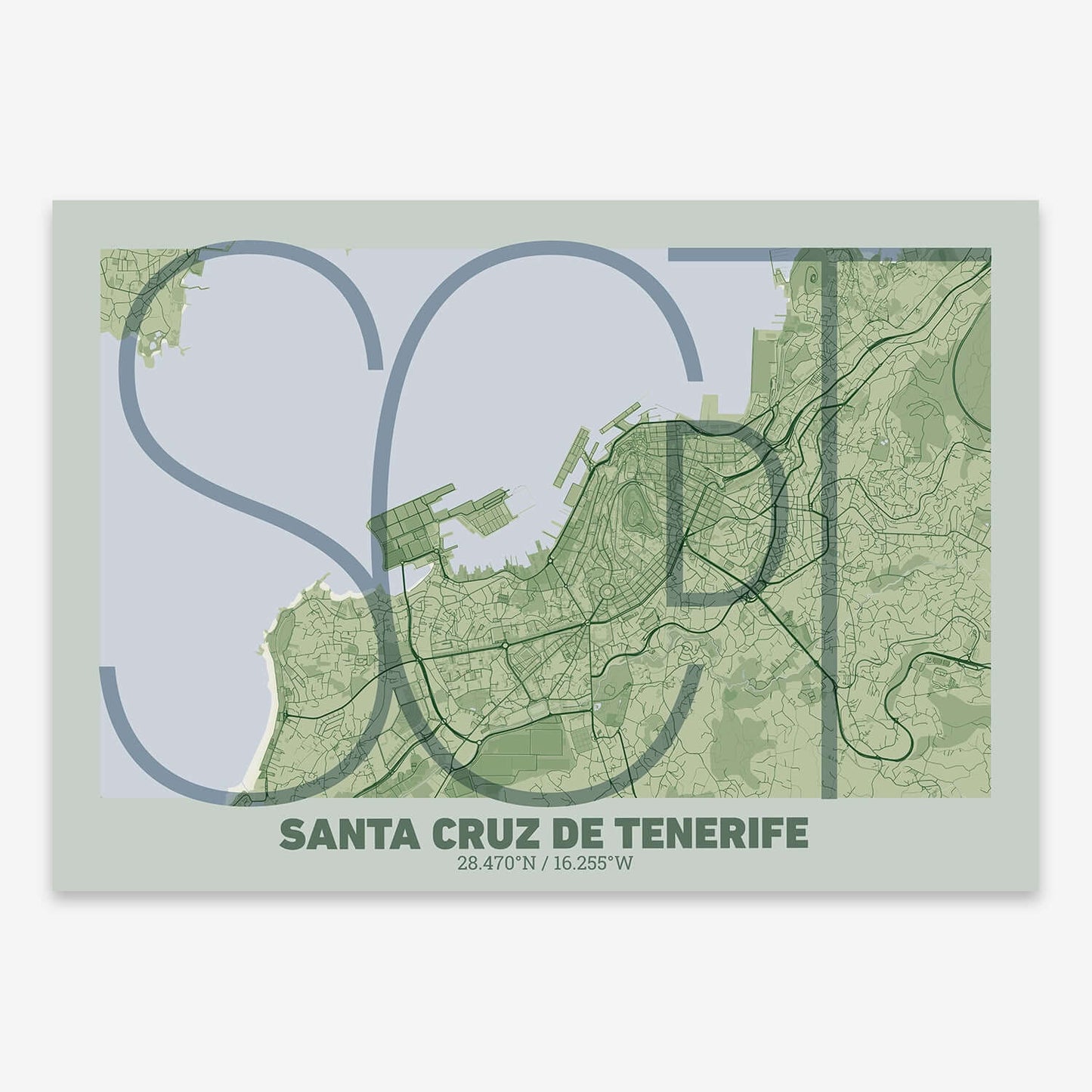 The map of Santa-Cruz-De-Tenerife composed with letters in extra light font printed on two green tones