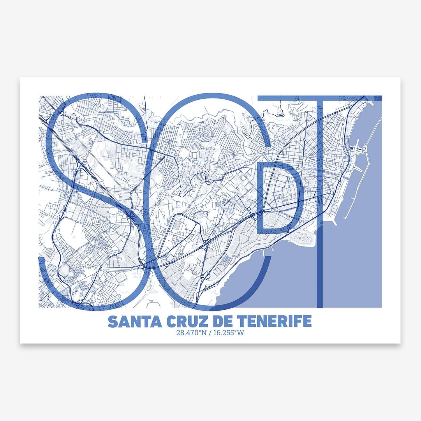 The map of Santa-Cruz-De-Tenerife composed with letters in extra light font printed on navy blue and white
