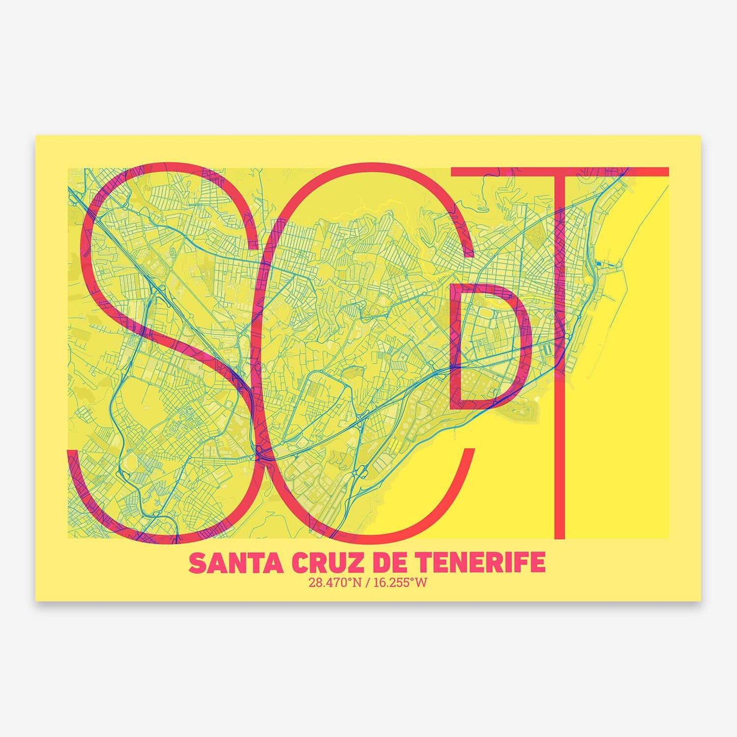 The map of Santa-Cruz-De-Tenerife composed with letters in extra light font printed on yellow and fuchsia