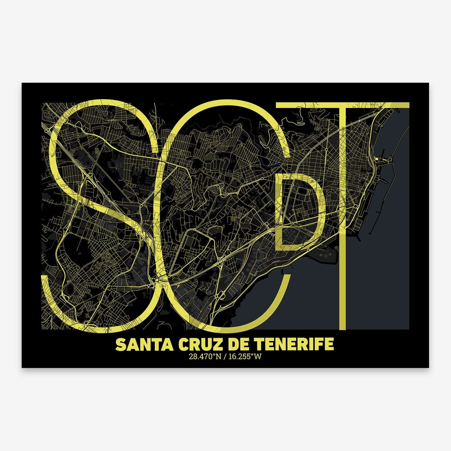 The map of Santa-Cruz-De-Tenerife composed with letters in extra light font printed on black and yellow