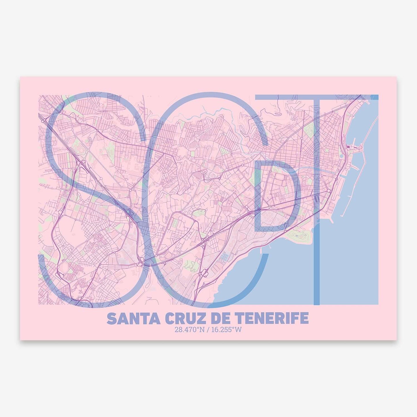 The map of Santa-Cruz-De-Tenerife composed with letters in extra light font printed on pink and light blue