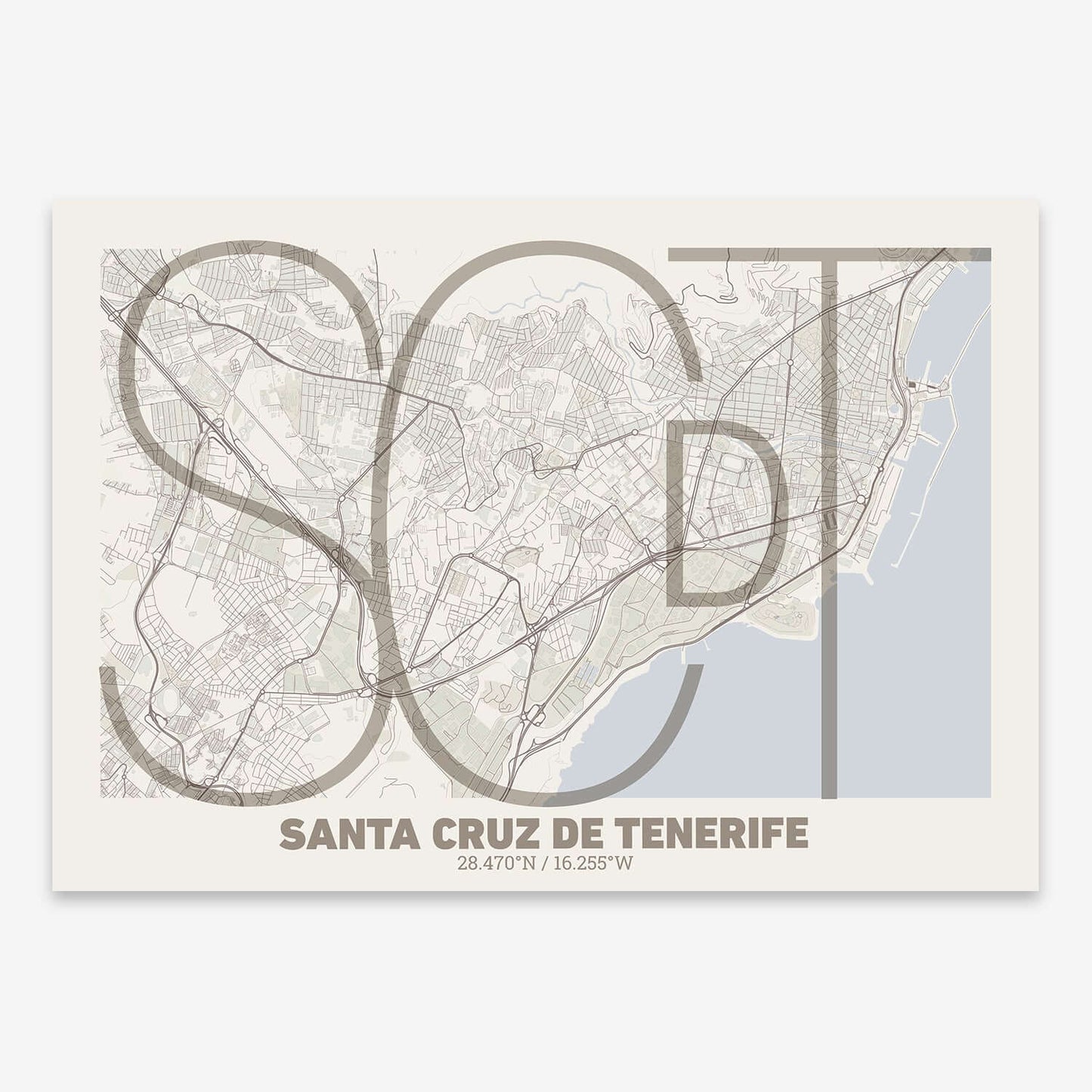 The map of Santa-Cruz-De-Tenerife composed with letters in extra light font printed on light brown and an off-white background