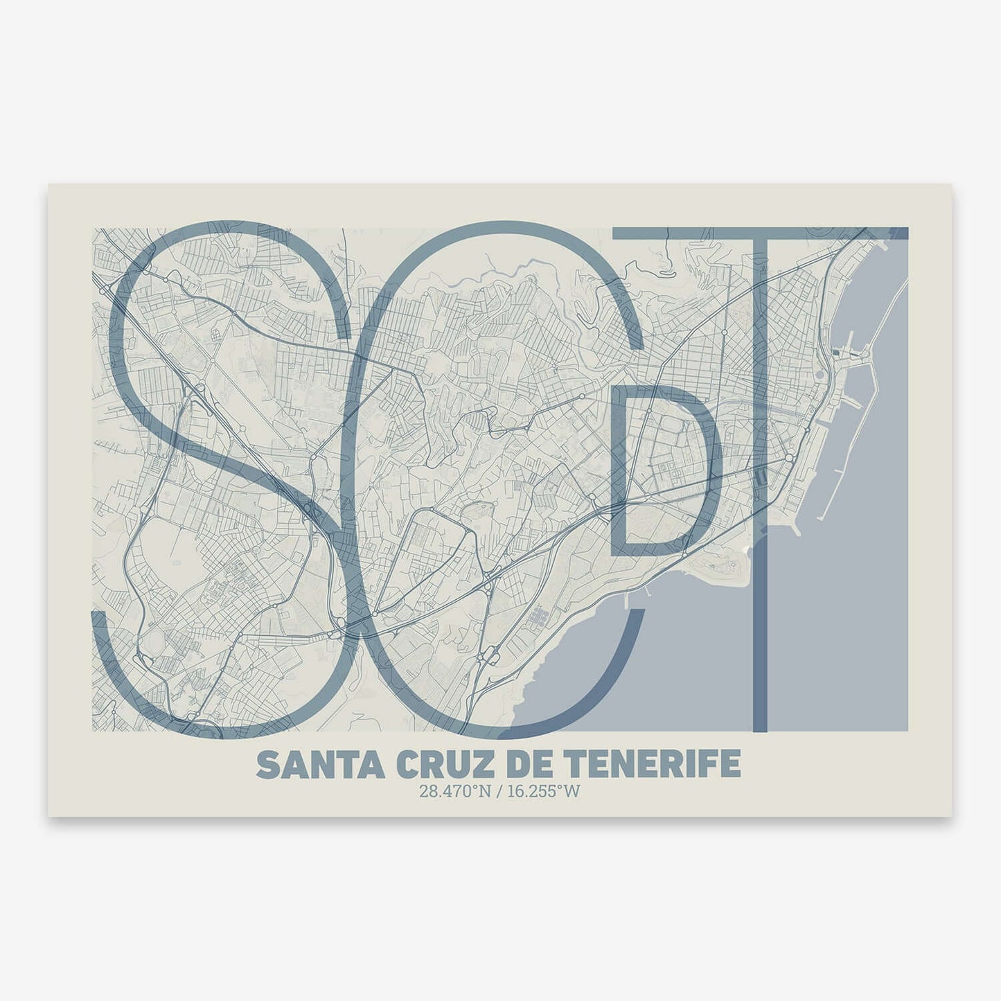 The map of Santa Cruz composed with letters in extra light font printed on light brown and an off-white background