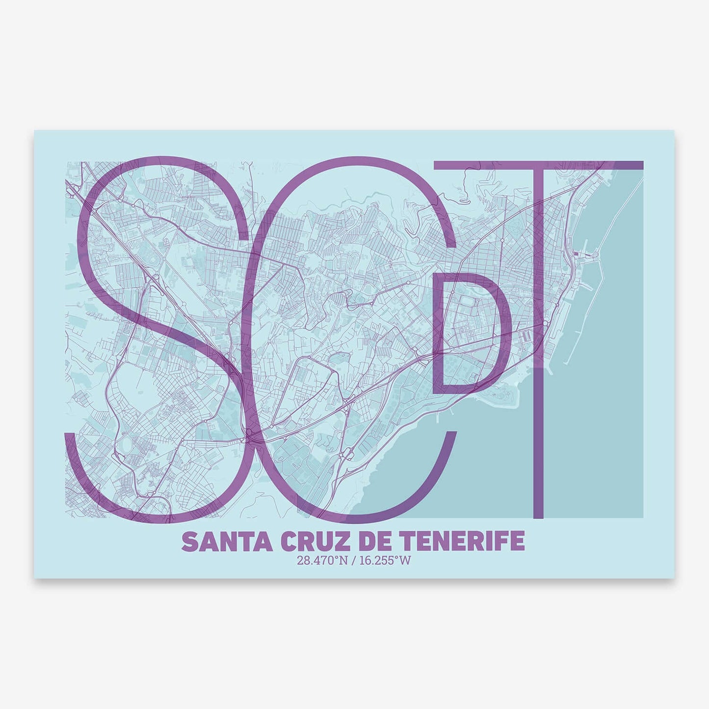 The map of Santa Cruz composed with letters in extra light font printed on bluish gray and an off-white background
