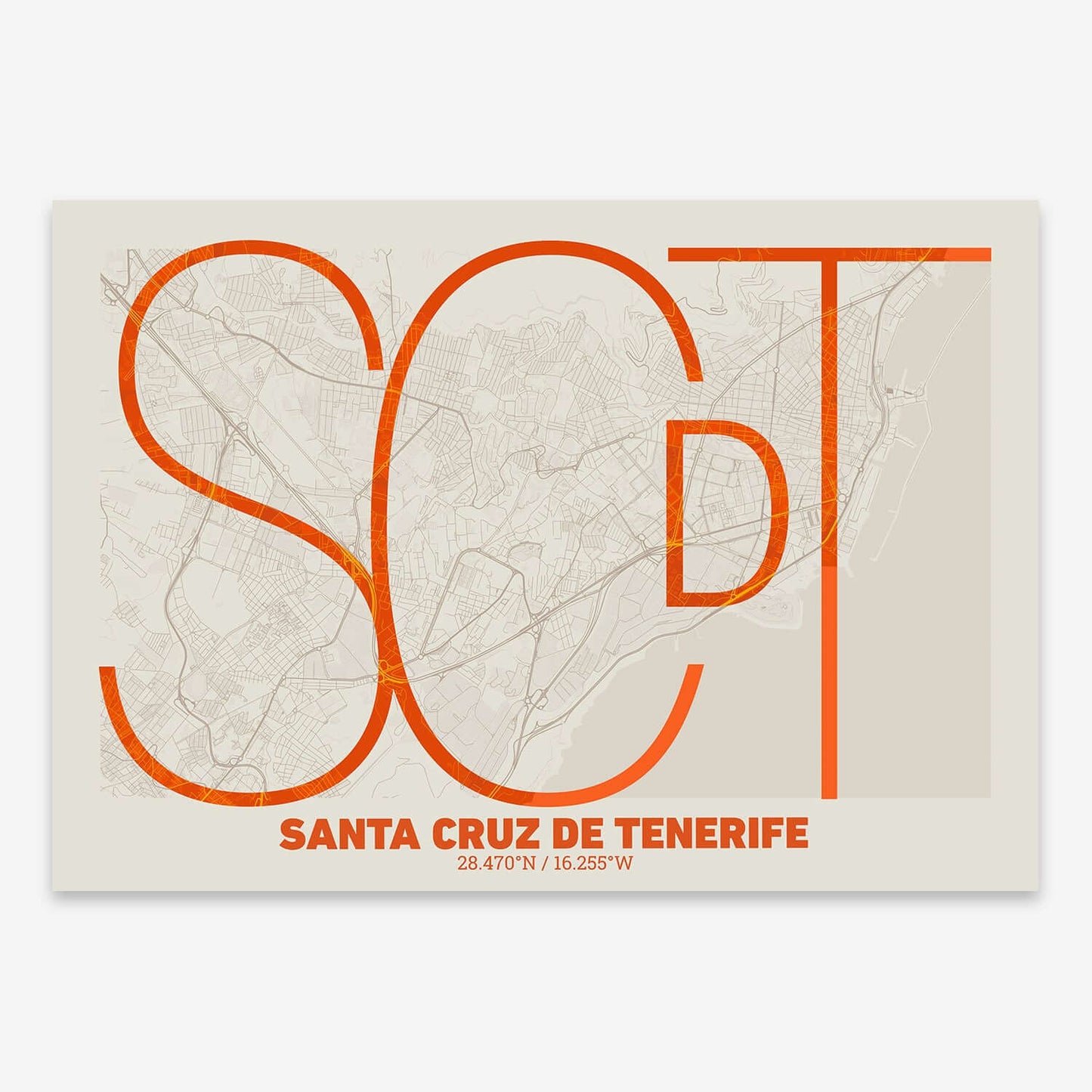 The map of Santa-Cruz-De-Tenerife composed with letters in extra light font printed on orange and an off-white background