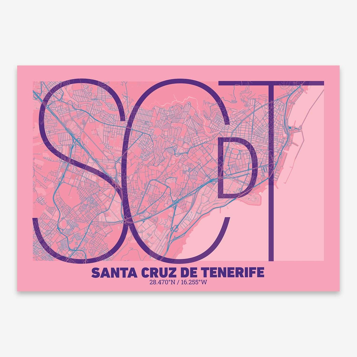 The map of Santa-Cruz-De-Tenerife composed with letters in extra light font printed on violet y pink background