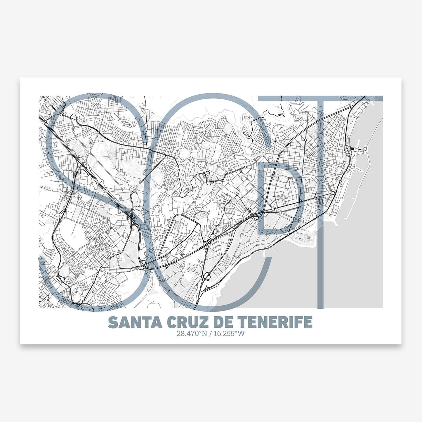 The map of Santa-Cruz-De-Tenerife composed with letters in extra light font printed on black and white
