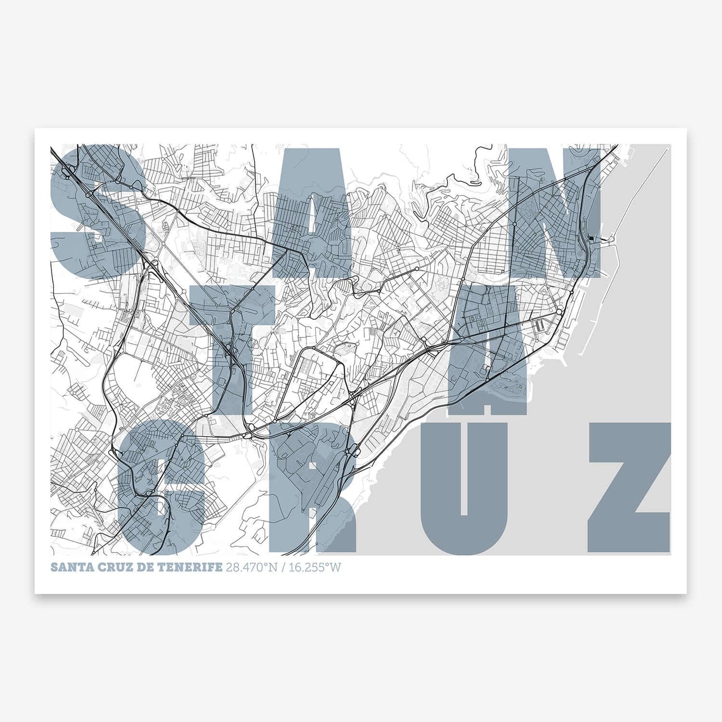 The map of Santa-Cruz-De-Tenerife with letters of its name placed randomly, designed in black and white