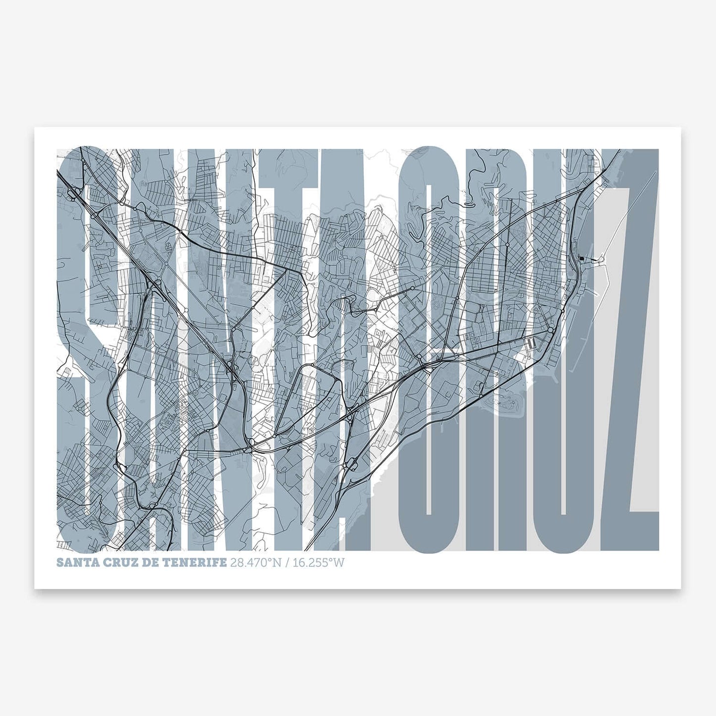 The map of Santa-Cruz-De-Tenerife and letters of its name in a giclée print designed in black and white