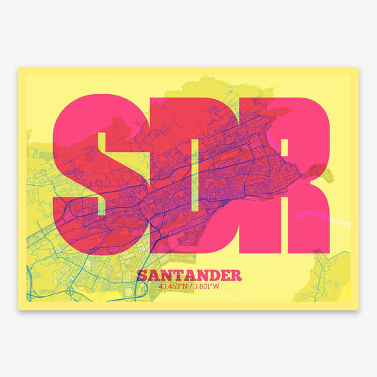 The map of Santander composed with letters in a heavy geometric font printed on yellow and fuchsia