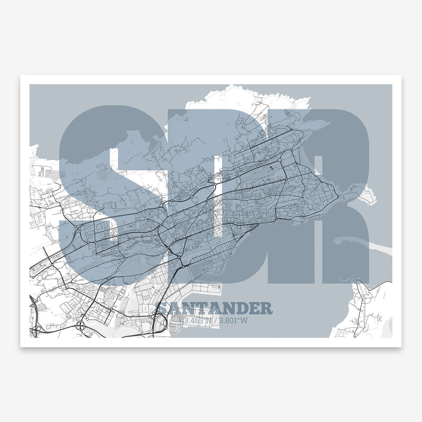 The map of Santander composed with letters in a heavy geometric font printed on black and white