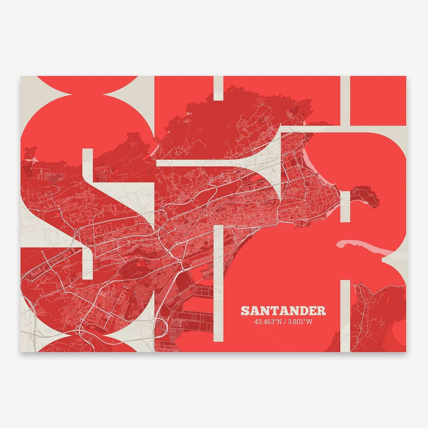 The map of Santander composed with letters from its name or IATA code printed on red and an off-white background