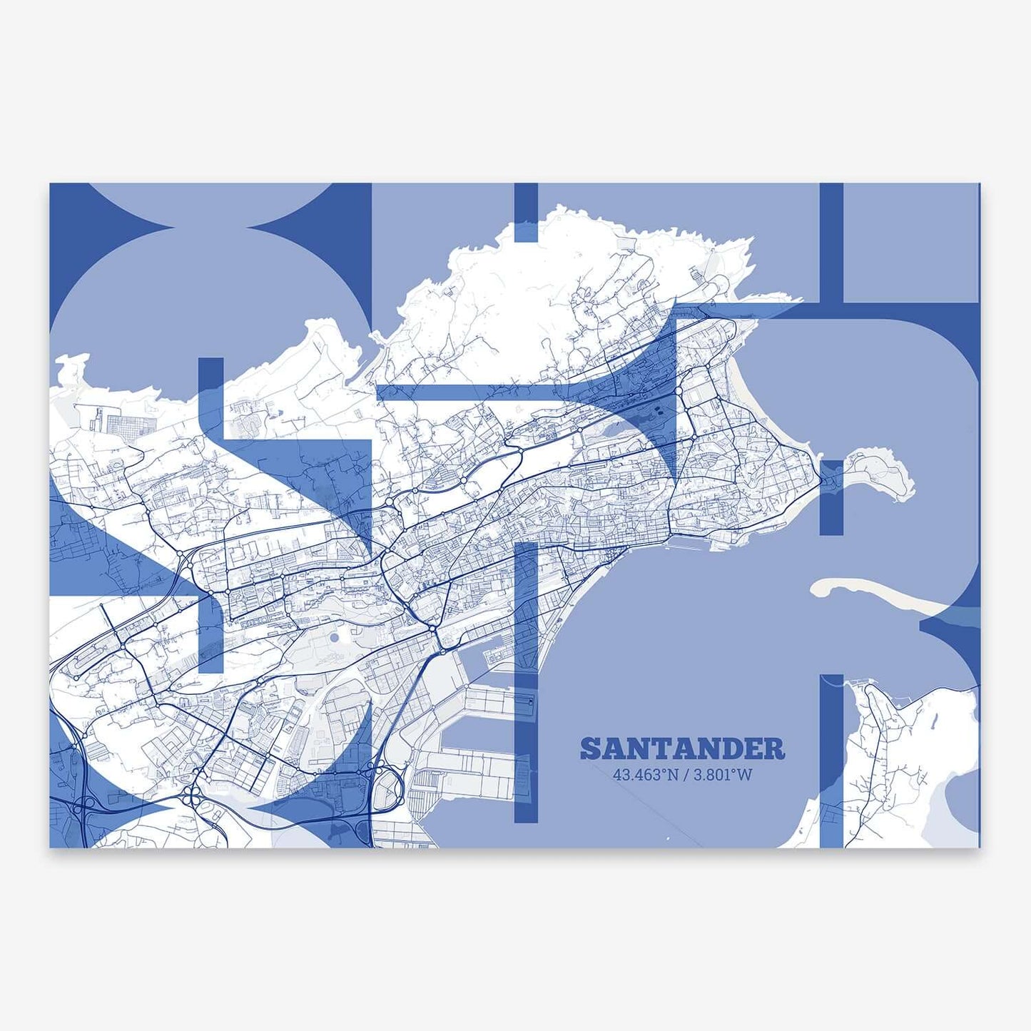 The map of Santander composed with letters from its name or IATA code printed on navy blue and white