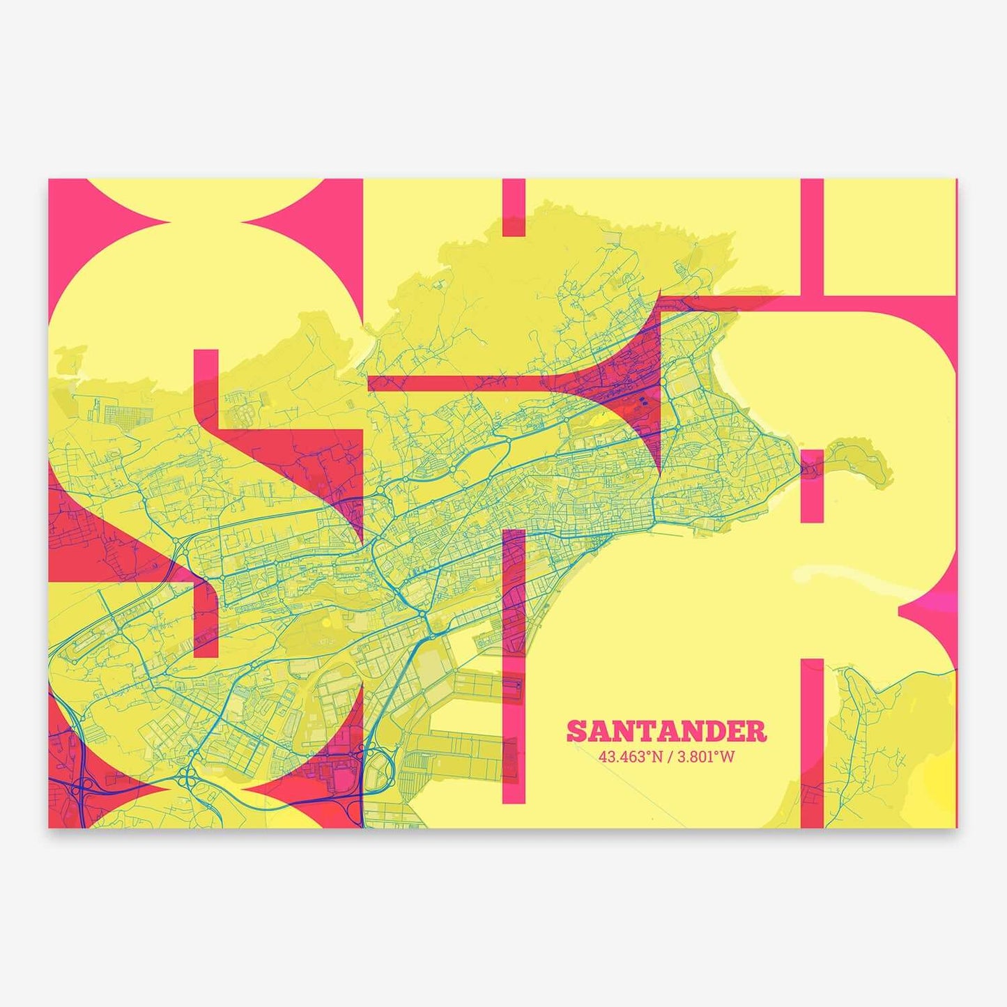 The map of Santander composed with letters from its name or IATA code printed on yellow and fuchsia