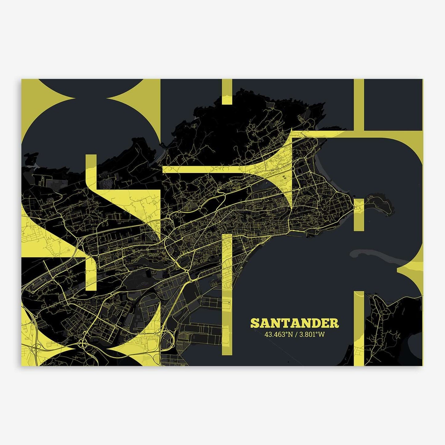 The map of Santander composed with letters from its name or IATA code printed on black and yellow