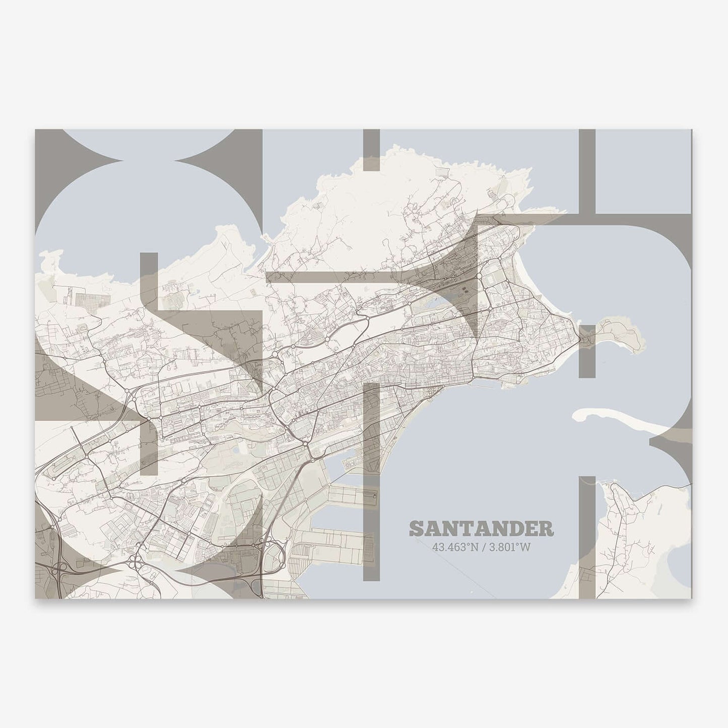 The map of Santander composed with letters from its name or IATA code printed on light brown and an off-white background