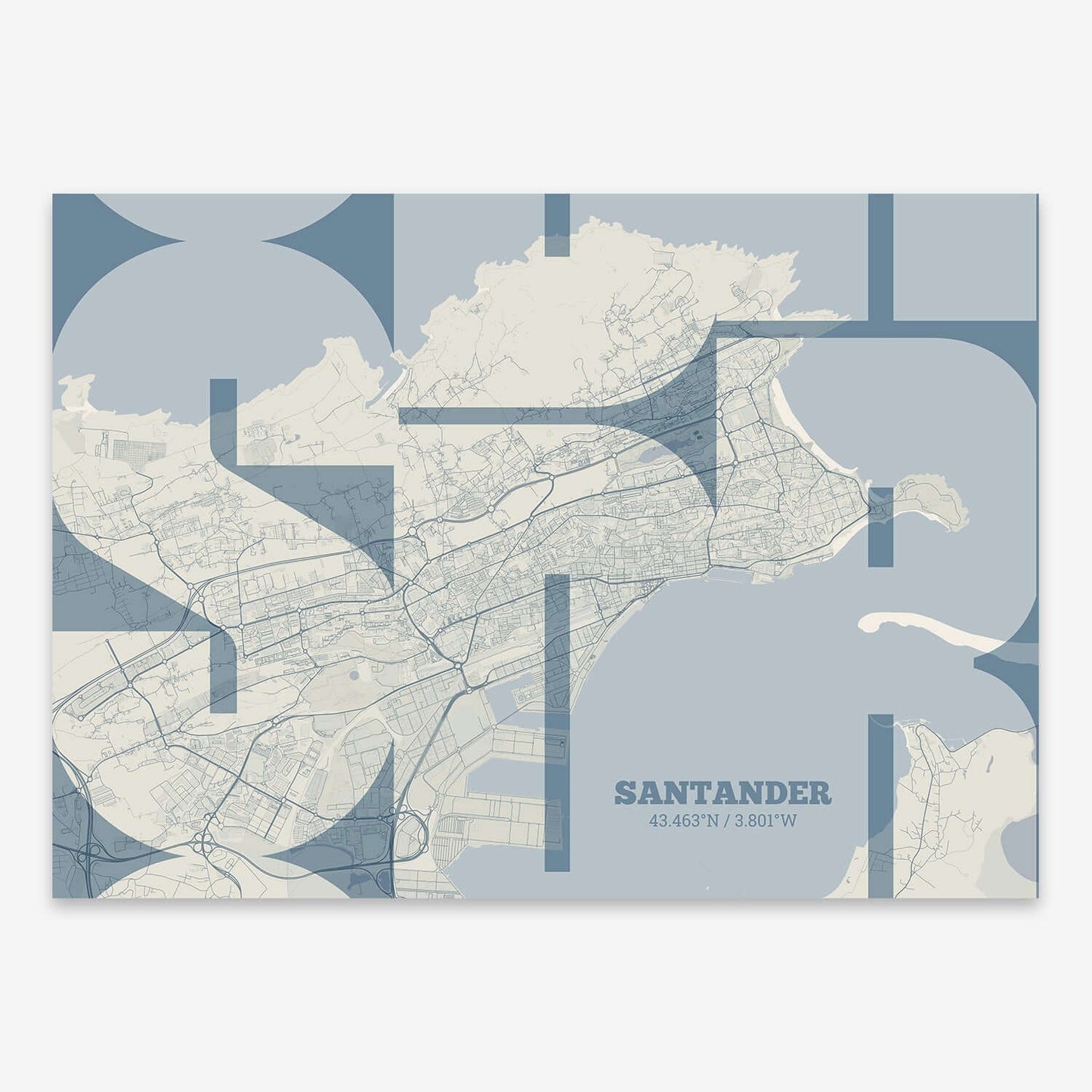 The map of Santander composed with letters from its name or IATA code printed on bluish gray and an off-white background