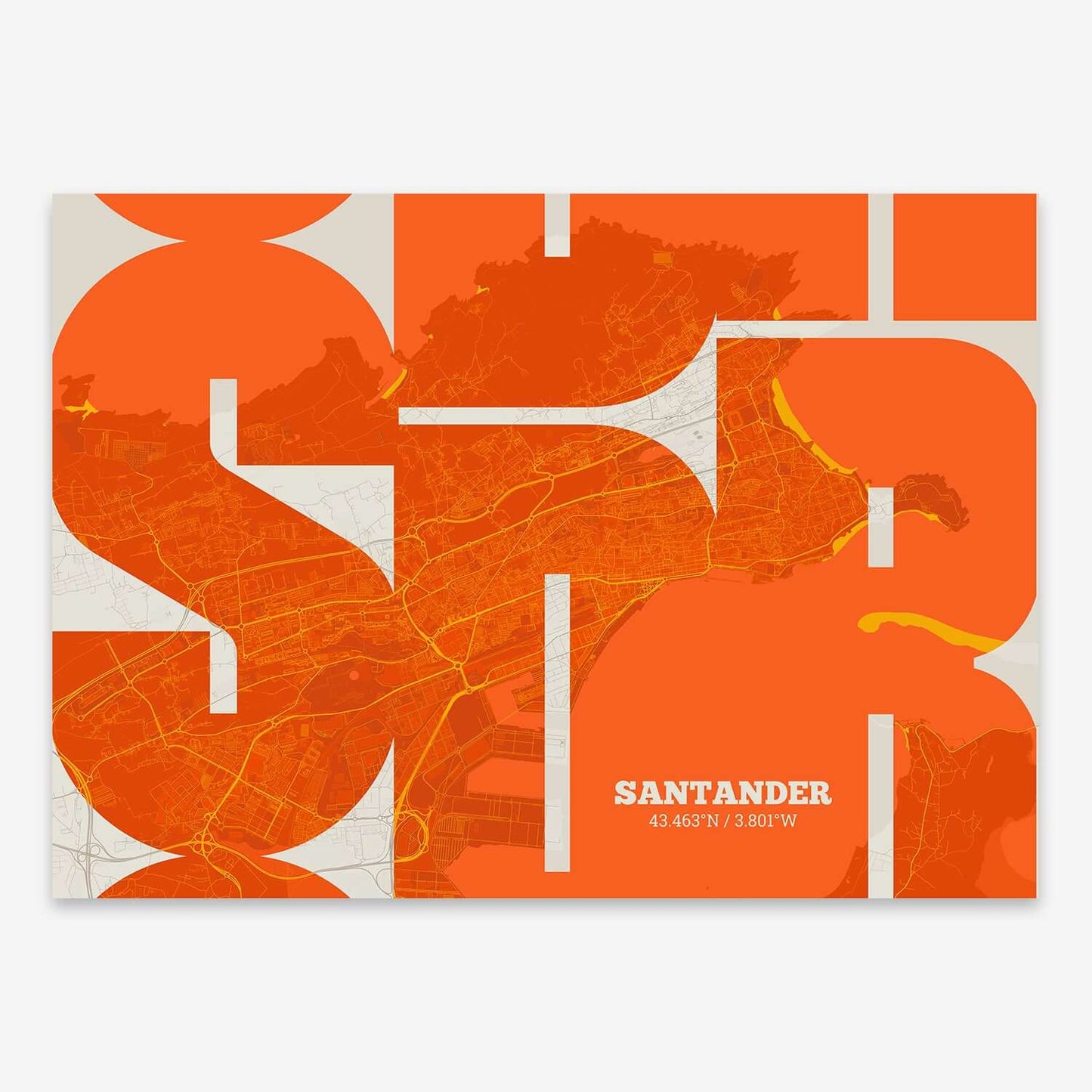 The map of Santander composed with letters from its name or IATA code printed on orange and an off-white background