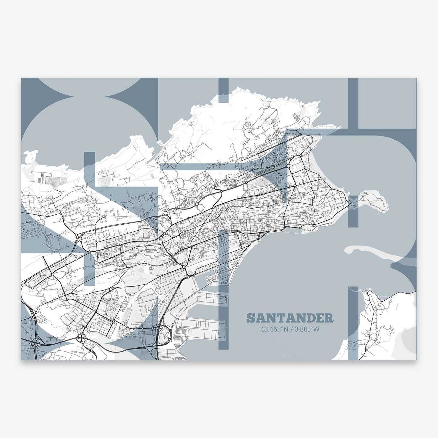 The map of Santander composed with letters from its name or IATA code printed on black and white