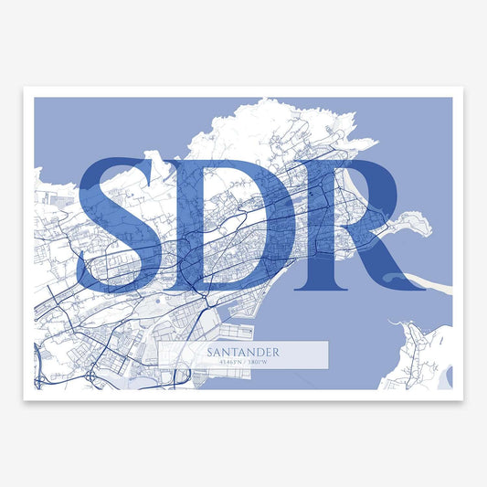 The map of Santander composed with letters in serif font printed on navy blue and white