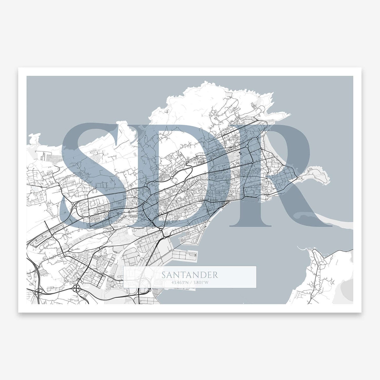 The map of Santander composed with letters in serif font printed on black and white