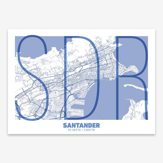 The map of Santander composed with letters in extra light font printed on navy blue and white