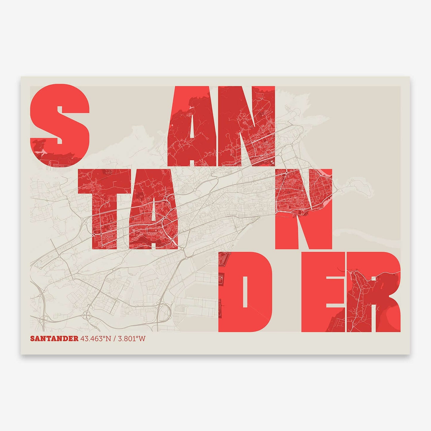 The map of Santander with letters of its name placed randomly, designed in red and an off-white background