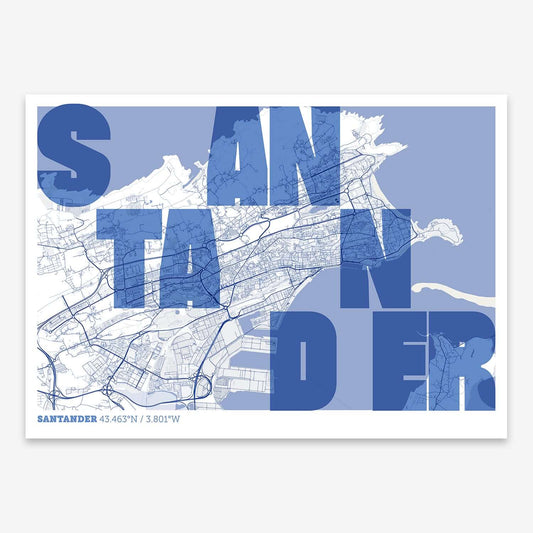 The map of Santander with letters of its name placed randomly, designed in navy blue and white