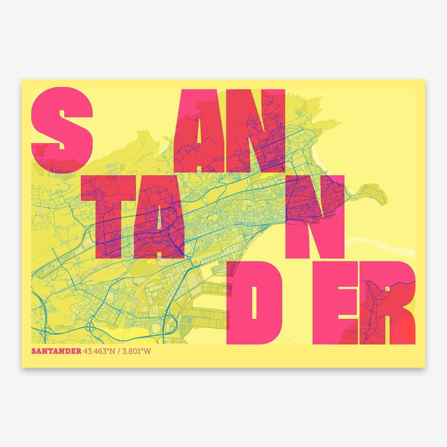 The map of Santander with letters of its name placed randomly, designed in yellow and fuchsia