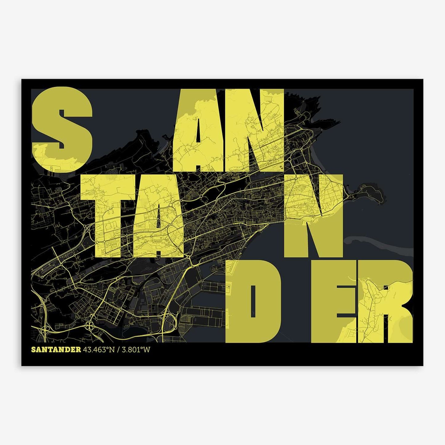 The map of Santander with letters of its name placed randomly, designed in black and yellow