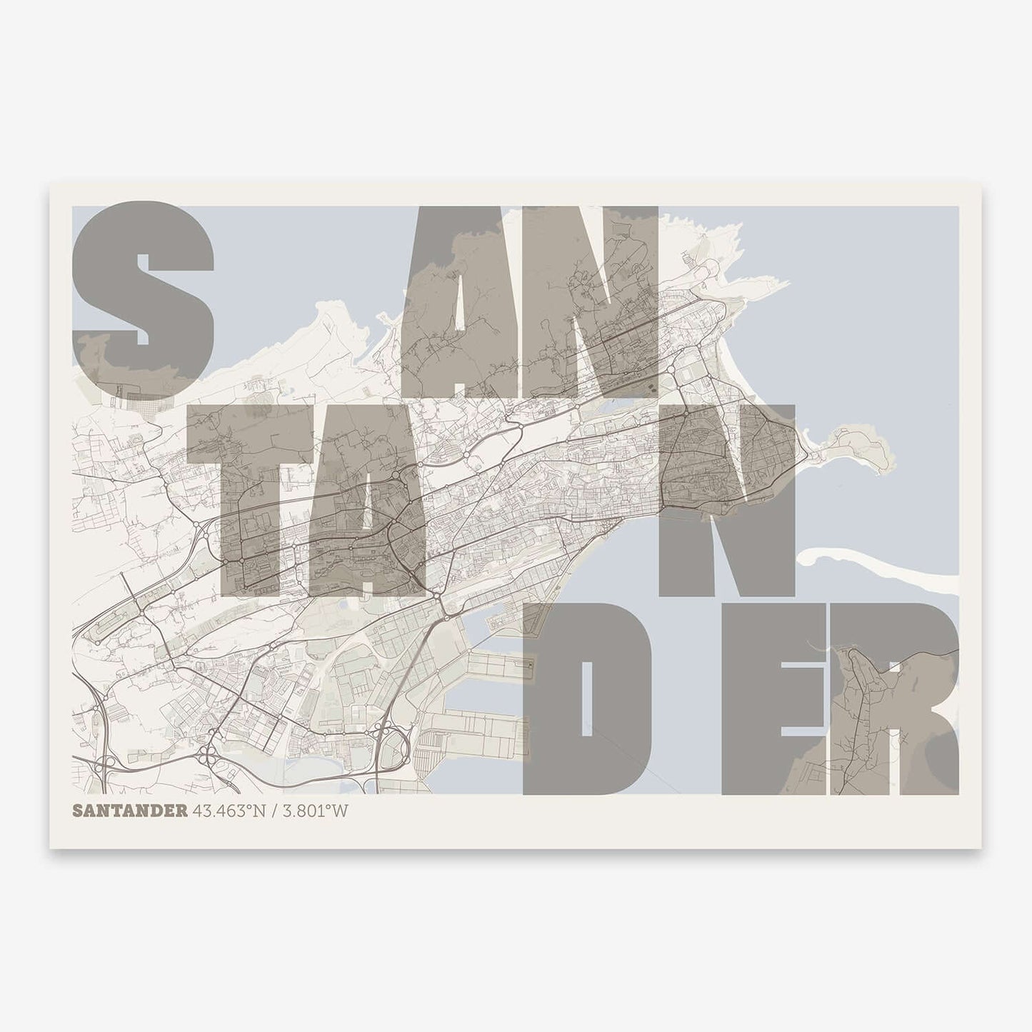 The map of Santander with letters of its name placed randomly, designed in light brown and an off-white background