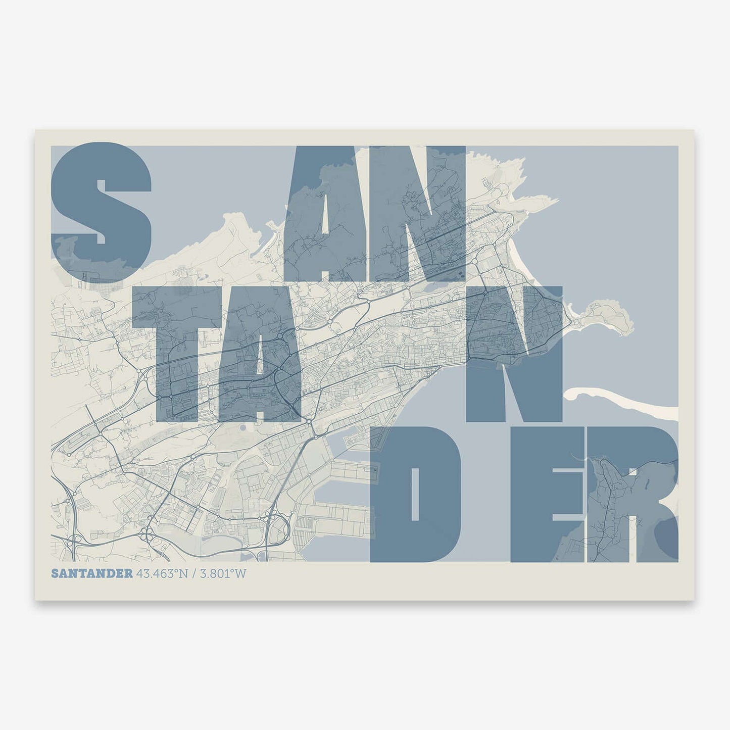 The map of Santander with letters of its name placed randomly, designed in bluish gray and an off-white background