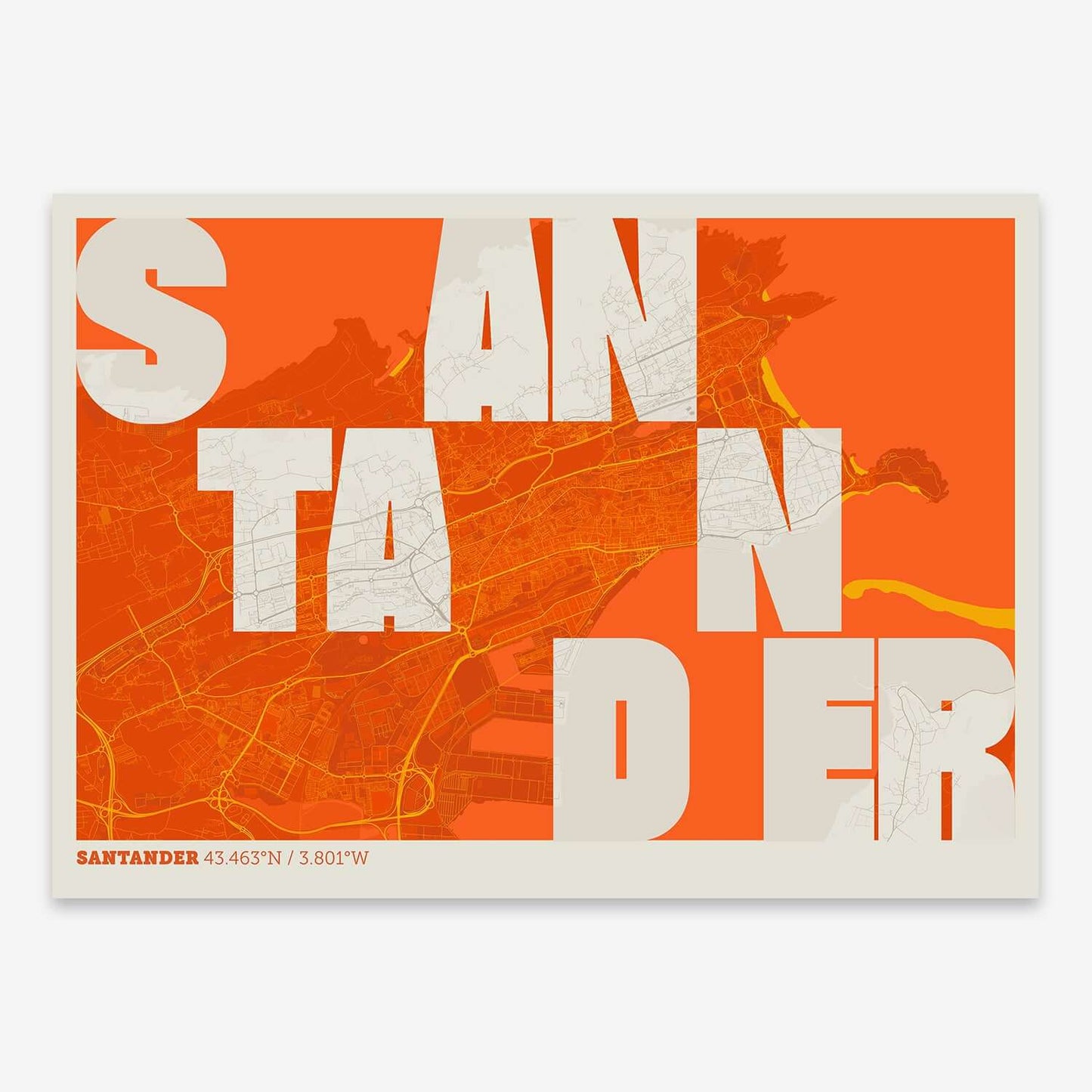 The map of Santander with letters of its name placed randomly, designed in orange and an off-white background