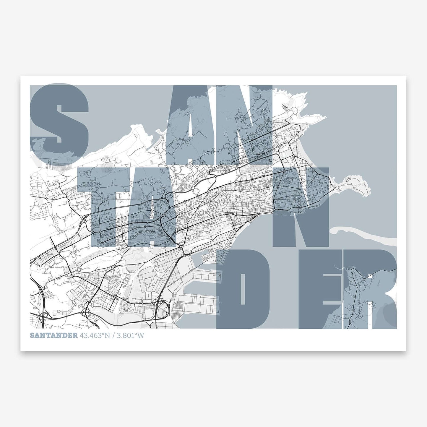 The map of Santander with letters of its name placed randomly, designed in black and white