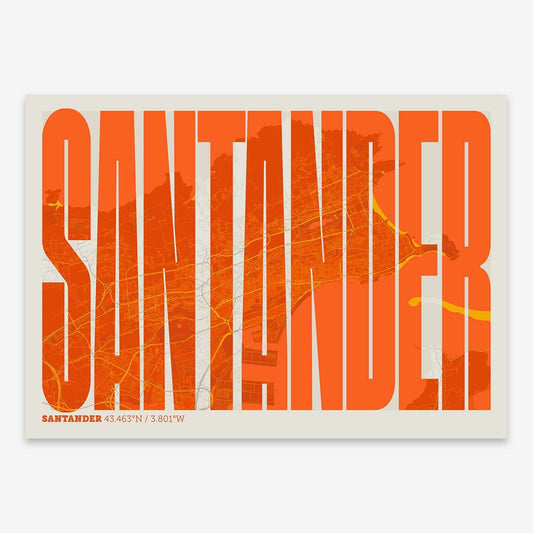 The map of Santander and letters of its name in a giclée print designed in orange and an off-white background
