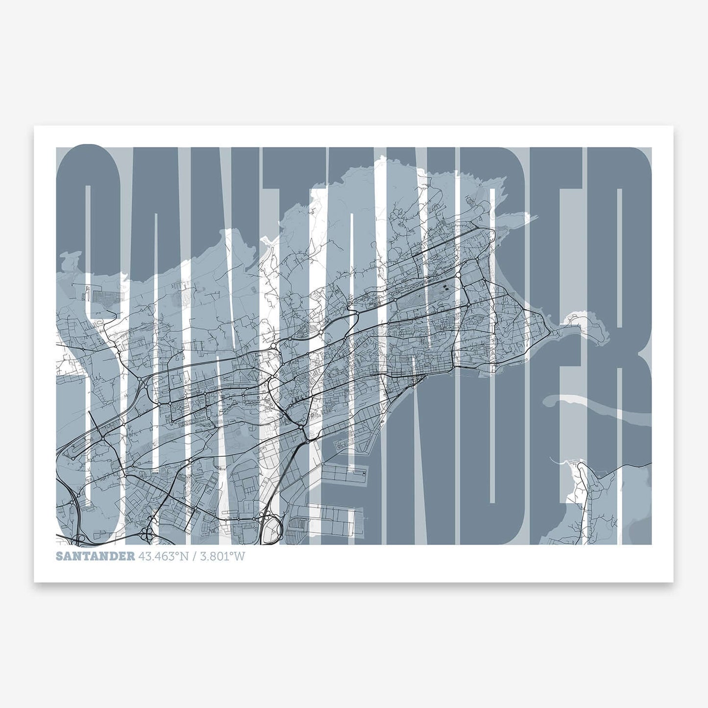 The map of Santander and letters of its name in a giclée print designed in black and white