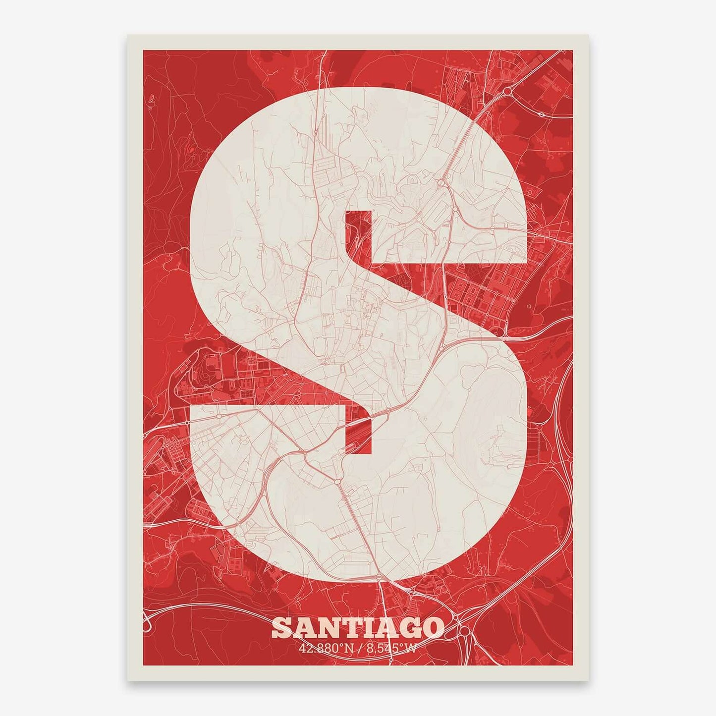 The map of Santiago composed with letters in a heavy geometric font printed on red and an off-white background