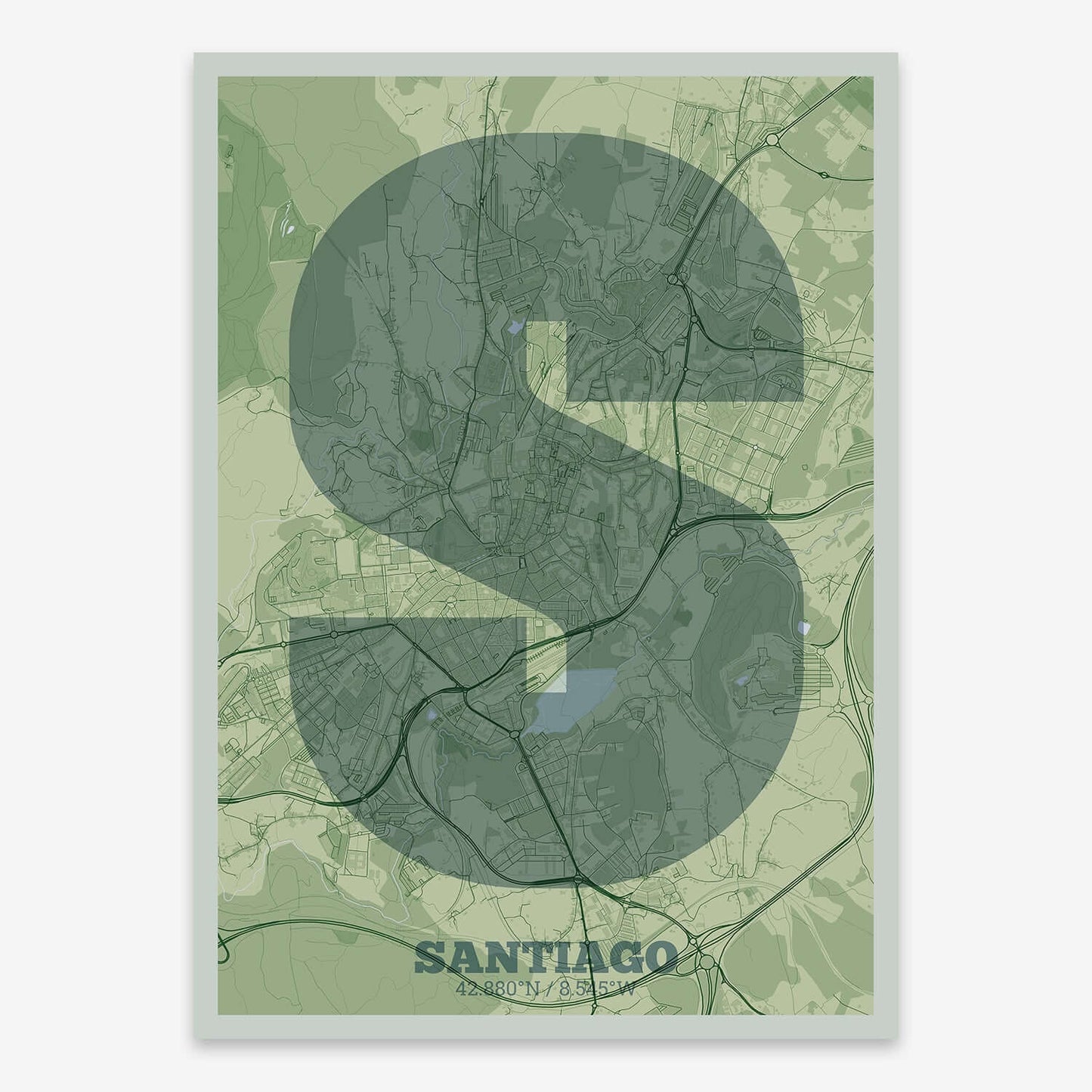 The map of Santiago composed with letters in a heavy geometric font printed on two green tones