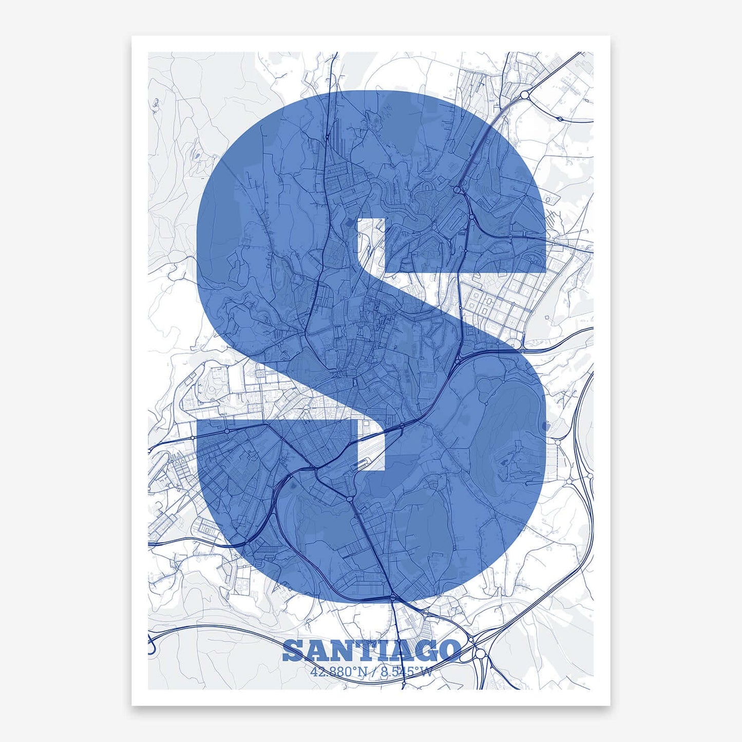 The map of Santiago composed with letters in a heavy geometric font printed on navy blue and white