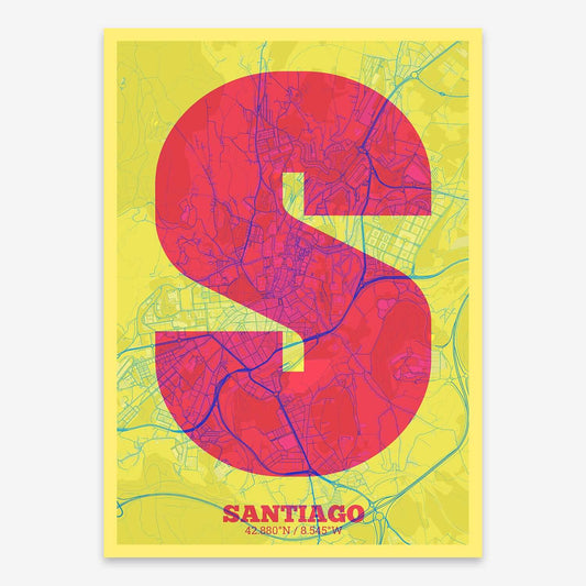 The map of Santiago composed with letters in a heavy geometric font printed on yellow and fuchsia