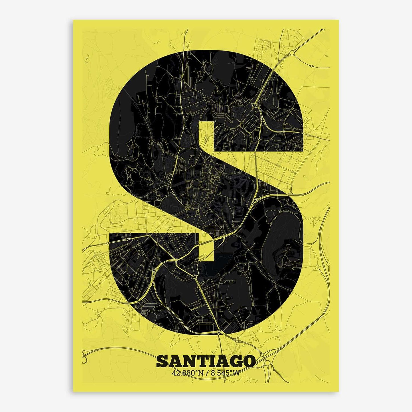 The map of Santiago composed with letters in a heavy geometric font printed on black and yellow