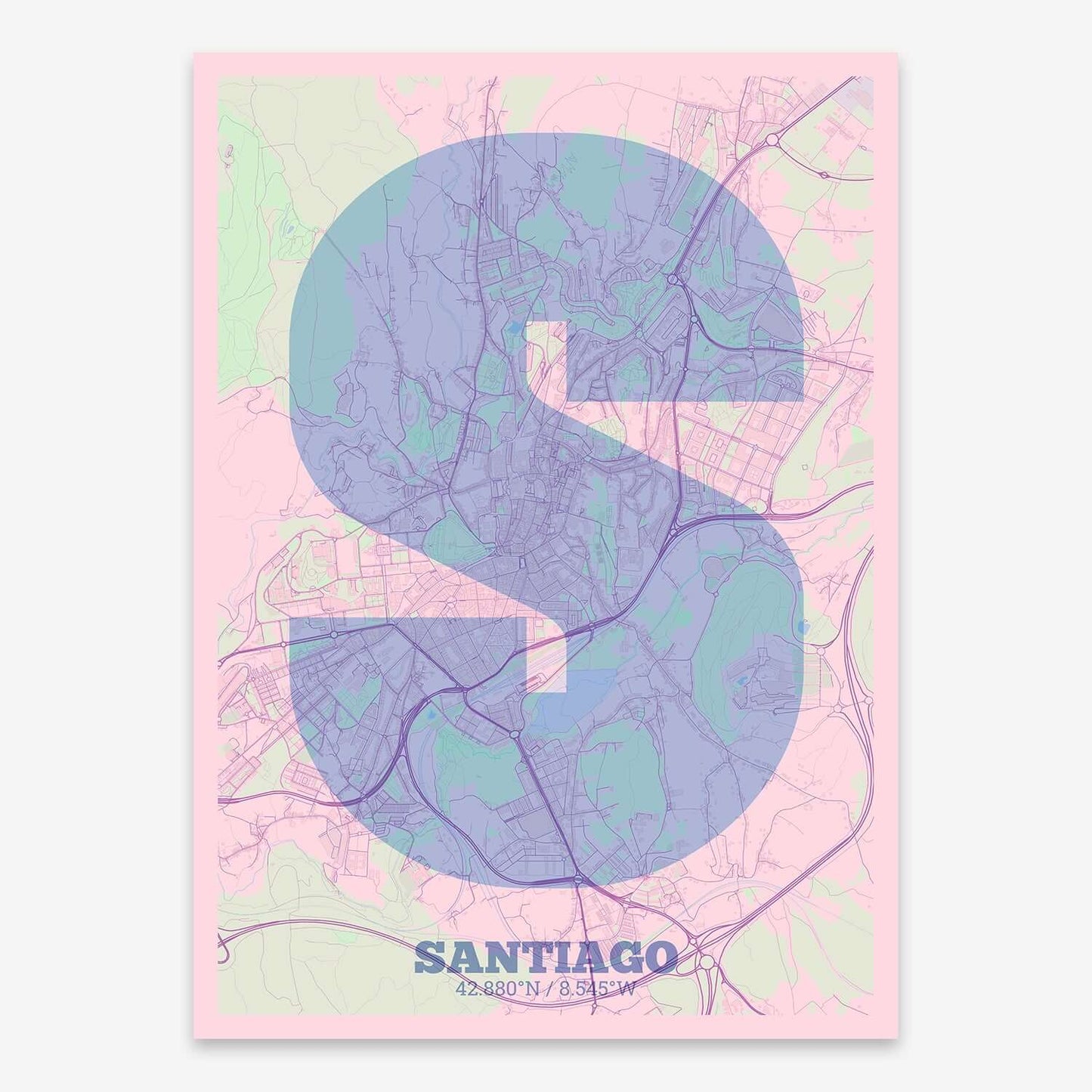 The map of Santiago composed with letters in a heavy geometric font printed on pink and light blue