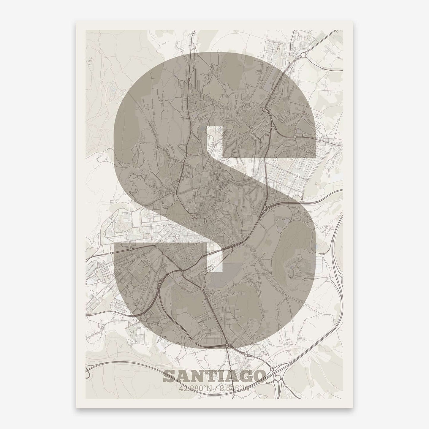 The map of Santiago composed with letters in a heavy geometric font printed on light brown and an off-white background