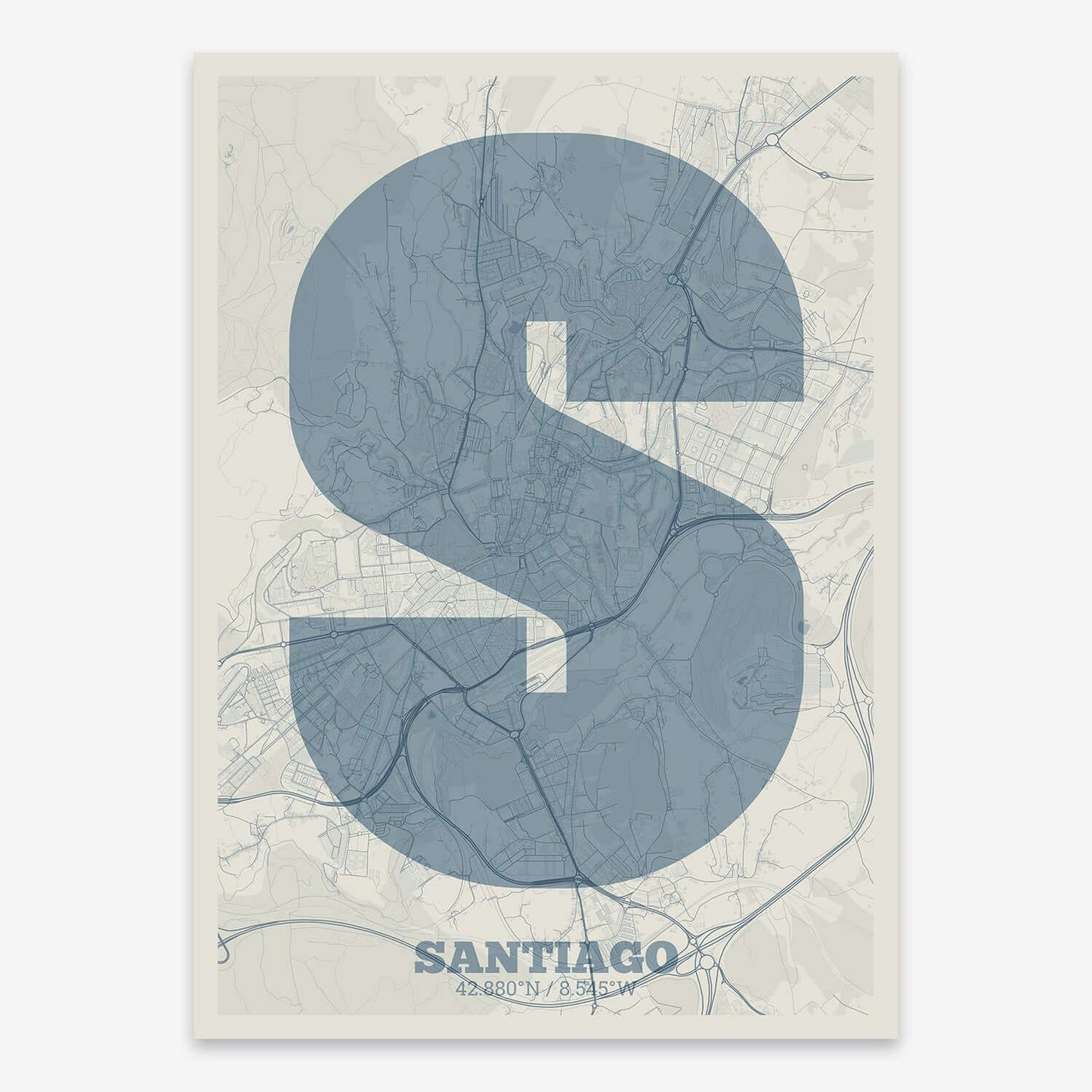 The map of Santiago composed with letters in a heavy geometric font printed on bluish gray and an off-white background